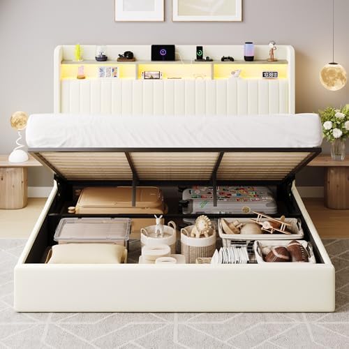 SHA CERLIN King Size LED Lift Up Storage Bed Frame Charging Station - Image 7