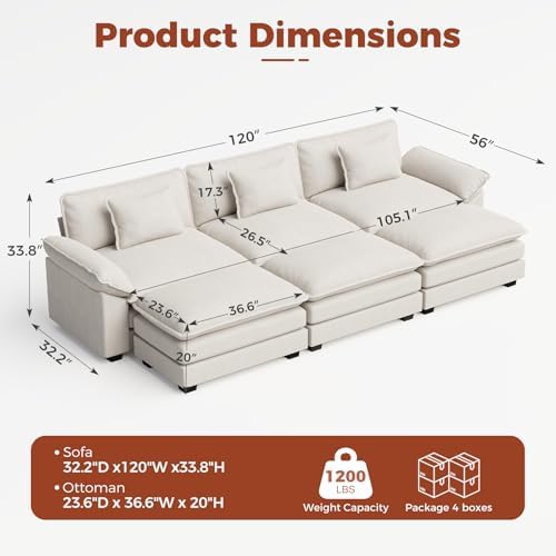CDCASA 120" Oversized Modular Sectional Sofa Bed, Comfy Cloud Couch w/ 3 - Image 2
