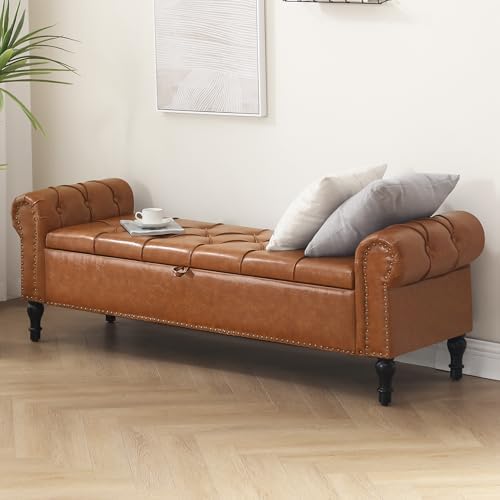 Faux Leather Storage Bench for Bed Room 67 Inch Upholstered Tufted Ottoman Bench - Image 3