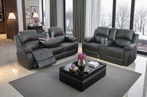 Manual Recliner Sofa Set for Living Room, Leather Reclining Sofa Sets, by COSYMOORFURNITURE