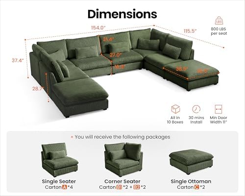 154" Oversize Corduroy Modular Sectional Sofa Couches - Image 2