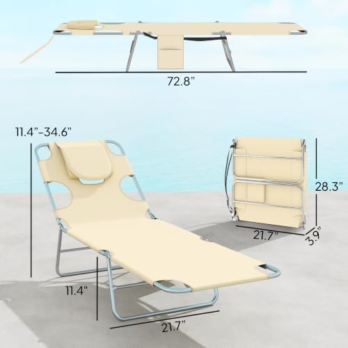 Outsunny Chaise Lounge Chair Outdoor Set of 2 w/Face Arm Hole Beige - Image 3