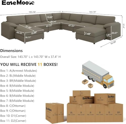 EASE MOOSE Modular Sectional Sofa, Faux Leather Couch, Light Grey - Image 2