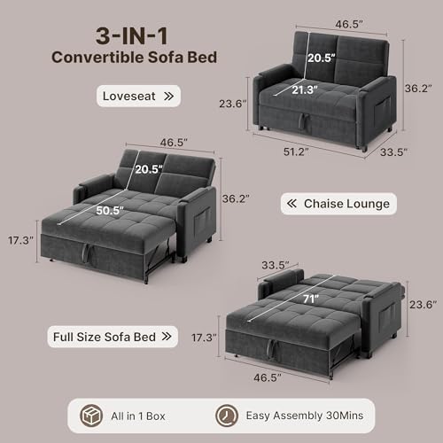 Gizoon Convertible Sofa Bed 3-in-1 Small Loveseat Sleeper Sofa, Velvet Grey - Image 2