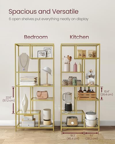 VASAGLE 6-Tier Bookcase, Slim Shelving Unit, Tempered Glass, Steel Frame - Image 3