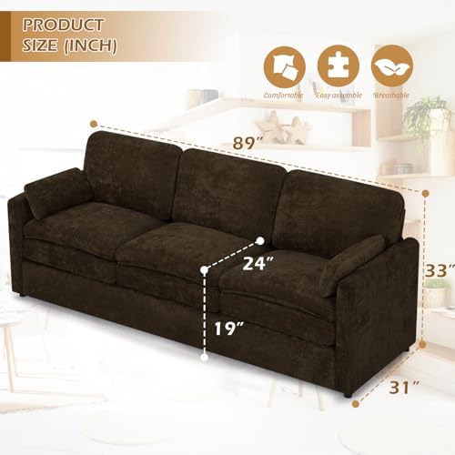 89” Chenille 3-Seater Sofa w/Two Arm Pillows - Image 2