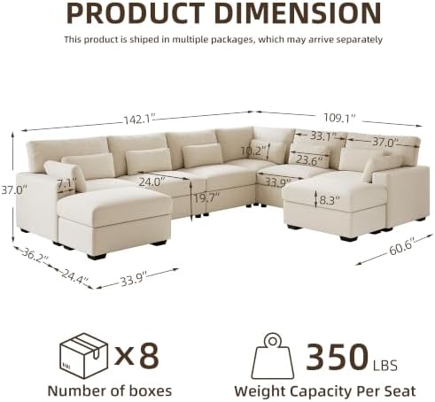 WorthFurni 142.1'' Modular Sectional Sofa, L Shaped Oversized Extra Deep Couches - Image 2