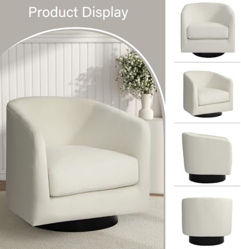 Pia Ricco Set of 2 Oversized Velvet 360° Swivel Barrel Accent Chair Ivory - Image 4