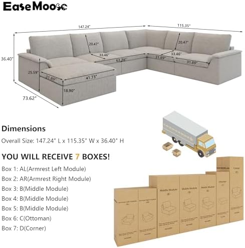 EASE MOOSE 147" 7 Seater Sectional Couches, Boneless Sofa - Image 2