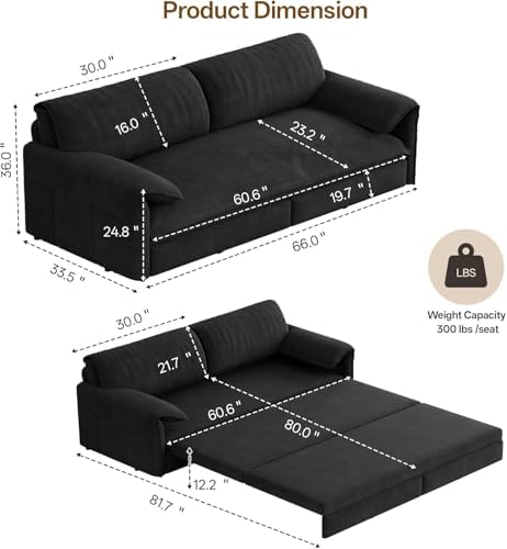 66" Futon Sofa Bed Queen Size, 3-in-1 Convertible Sleeper Sofa - Image 3