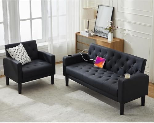 TYBOATLE Mid-Century Modern Tufted Black Faux Leather Loveseat Sofa Set w/ 2 by TYBOATLE