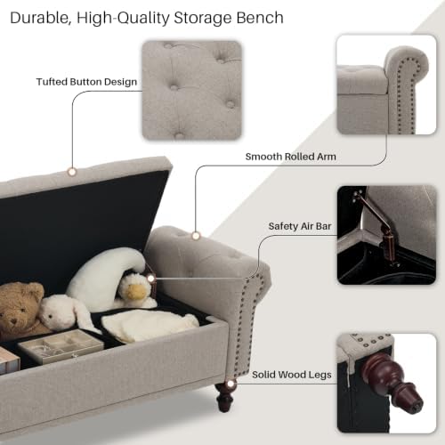 SOFTHION 67" Storage Bench for Bedroom, Linen Upholstered, Light Brown - Image 4