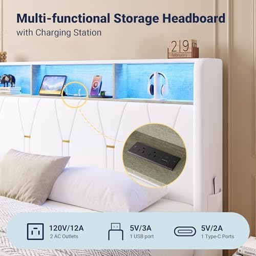 Allewie Queen Bed Frame with 2-Tier Storage Headboard, Charging Station & LED - Image 5