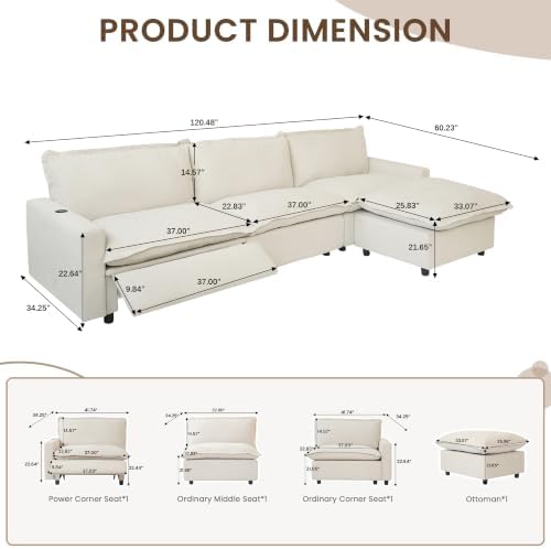 L-Shaped Power Recliner Modular Sectional Couch, 116 Inch Cloud Sofa - Image 2
