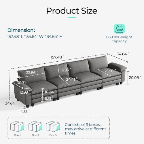 LINSY HOME 157'' Modular Sectional Sofa 4 Seat Couch Corduroy Cloud Couch - Image 2