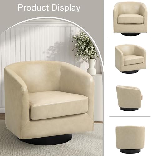 Pia Ricco Set of 4 Oversized Faux Leather 360° Swivel Barrel Accent Chair Cream - Image 4