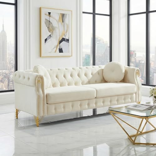 82" Beige 3-Seater Velvet Chesterfield Sofa by Unknown