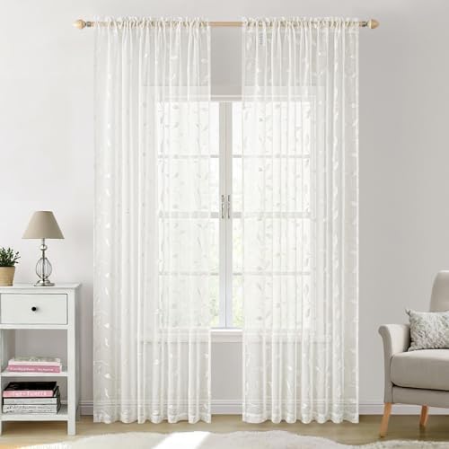 MIULEE Ivory Sheer Curtains 2 Panels Embroidered Leaf Patterned, W52 x L84 - Image 2