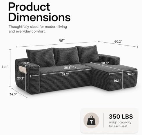 96 inch Boneless Couch, Modular L-Shaped Cloud Sectional Sofa, Dark Grey - Image 2