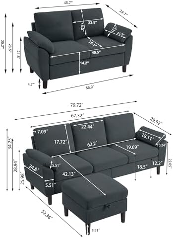 Convertible Sectional Sofa Set, Linen Upholstered 3 Seat Sofa - Image 2