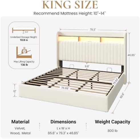 SHA CERLIN King Size LED Lift Up Storage Bed Frame Charging Station - Image 2