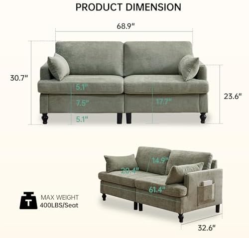 Opiesit 68.9” Loveseat Sofa Couch, Modern Comfy 2 Seat Chenille Couches - Image 2