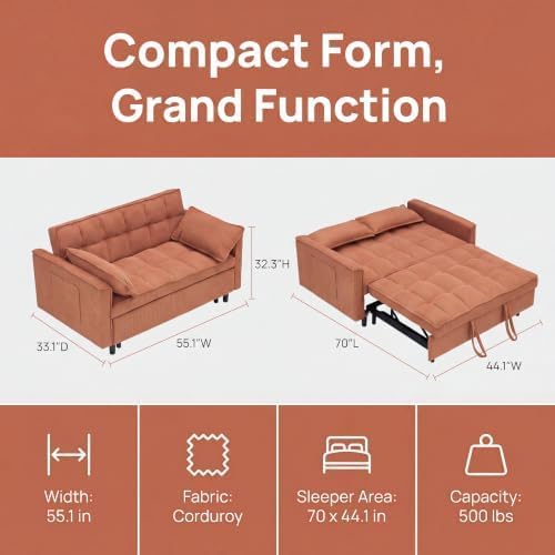 Sleeper Sofa Bed with Adjustable Backrest & Side Pockets - Image 2