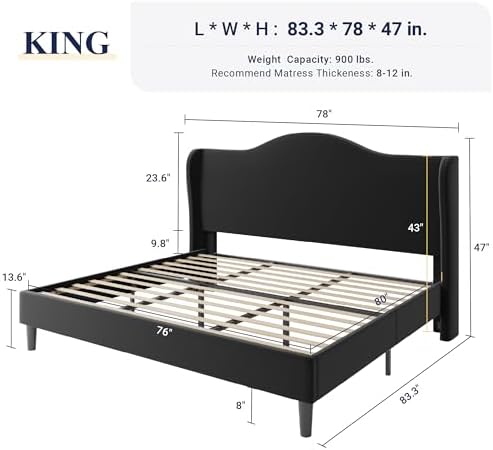 Allewie King Size Bed Frame, Plush Velvet Wingback, Modern Style - Image 2