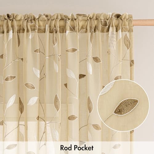 MIULEE Beige Sheer Curtains 2 Panels Embroidered Leaf Patterned, W52 x L84 - Image 6