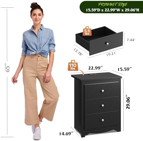WLIVE Tall Nightstand with Charging Station, Wood Bedside Table - Image 3