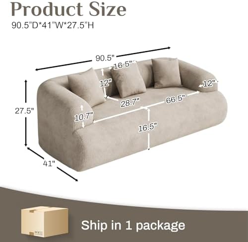 91" Modern Curved Couch, 3 Seater Boneless Sofa & Deep Seat, Light Brown - Image 2