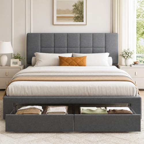 Marsail Queen Bed Frame with 2 Storage Drawers & Upholstered Adjustable by Marsail