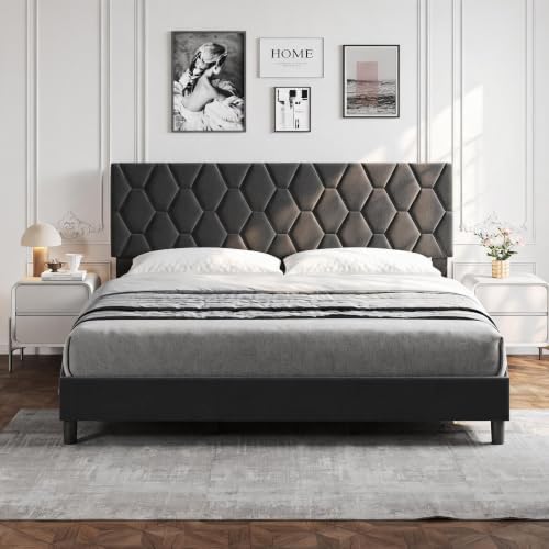 Beige King Size Upholstered Platform Bed Frame – Adjustable Headboard – - Image 2