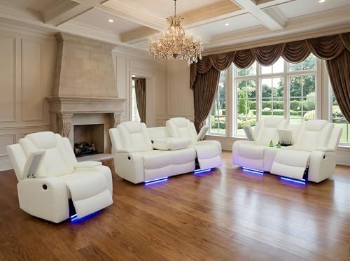 Cream White Power Recliner Sofa Set, Breathing Leather Reclining Couch Set by Unknown