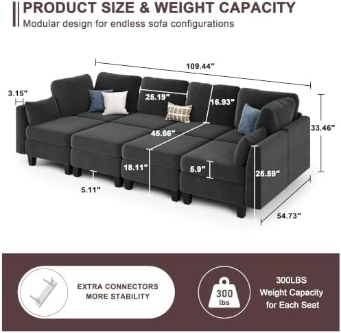 Sectional Sleeper Sofa, 8 Seaters Modular Sleeper Sofa Couch, Dark Grey - Image 3
