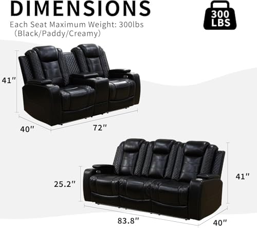 Power Recliner Set with LED Lights, Quilted Air Leather Reclining Set with USB - Image 2