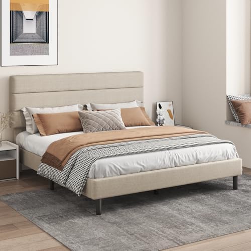 King Platform Bed Frame with Adjustable Linen Fabric Upholstered Headboard - Image 4