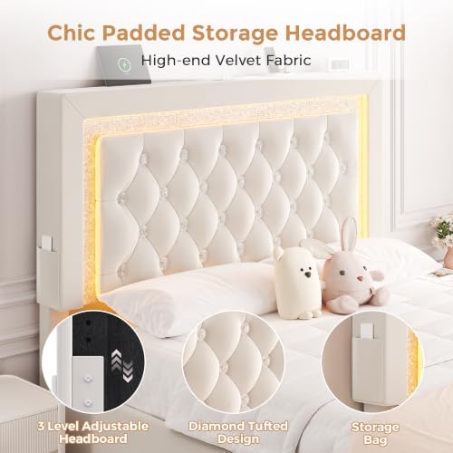 Queen Bed Frame with Storage Drawers and LED Lights, Velvet Upholstered - Image 4