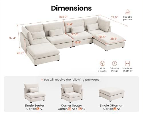 154" Oversize Chenille Modular Sectional Sofa Couches - Image 2