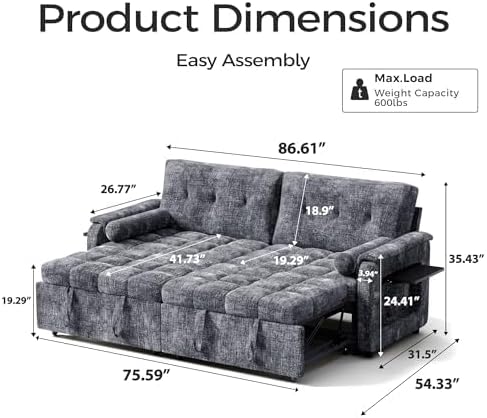 86'' Sleeper Sofa Bed with Side Table & Adjustable Backrest - Image 2