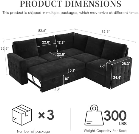 86" Sectional Sleeper Sofa Bed, 5 Seat Pull Out Couch - Image 3