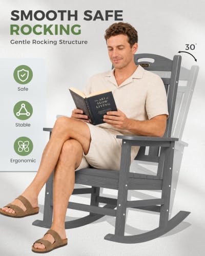 Outdoor Rocking Chair, HDPE Patio Rocking Chair, All Weather, Dark Grey - Image 4