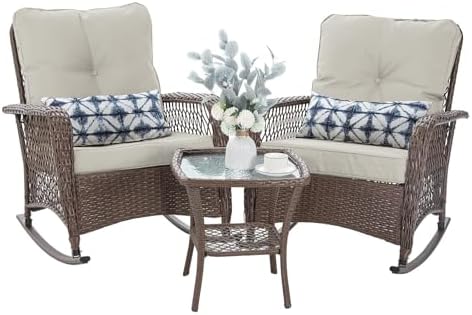 Patio Furniture Set 3 Pieces, Wicker Outdoor Rocking Bistro Set, Pale White by VonzoyHome