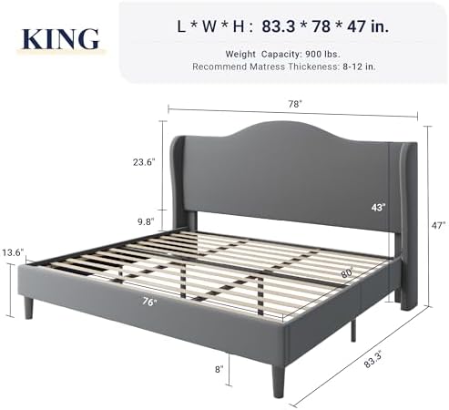 Allewie King Size Bed Frame, Plush Velvet Wingback, Modern Style - Image 2