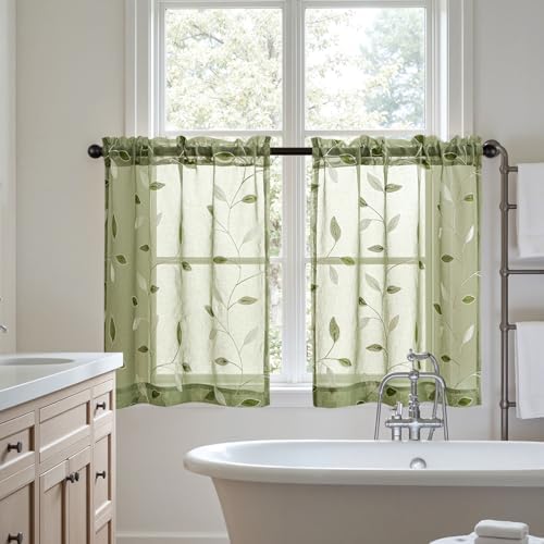 MIULEE Sage Green Sheer 30x36 Inches 2 Panels Embroidered Leaf Patterned - Image 7