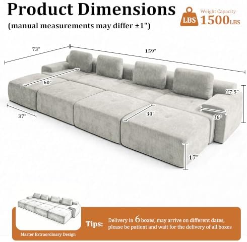 159" Oversized Boneless Couch, Comfort Cloud Sectional Couches - Image 2