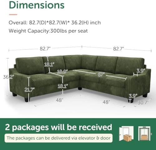 HONBAY Corduroy Convertible Sectional Sofa L Shaped Corner Couch - Image 2