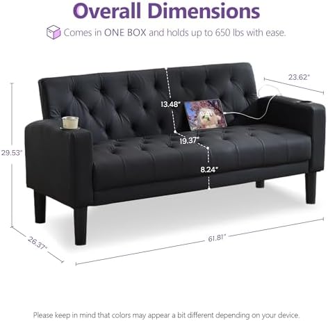 TYBOATLE 62'' Black Leather Loveseat, Small Couch - Image 2