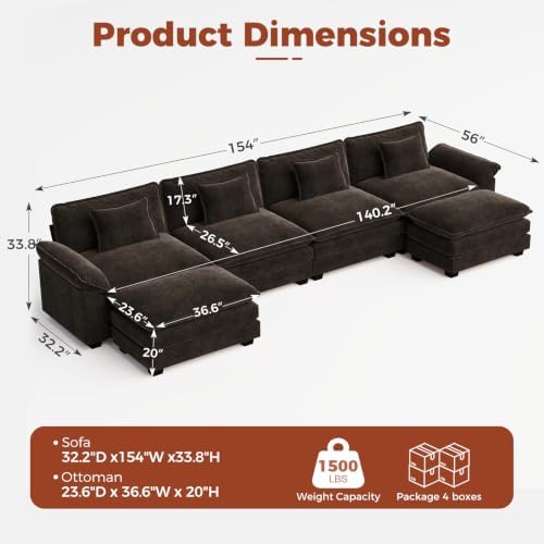 CDCASA 154" Oversized Modular Sectional Sofa, Comfy U-Shaped Cloud Couch w/ 2 - Image 2
