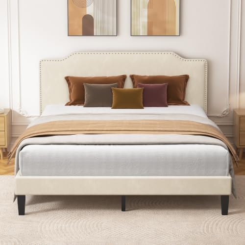 Queen Size Bed Frame with Upholstered Headboard, Platform Bed with Velvet by Chireca